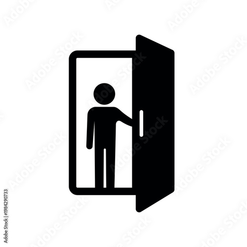 Stick figure man opening a door to bright light. New opportunity and future success vector icon.