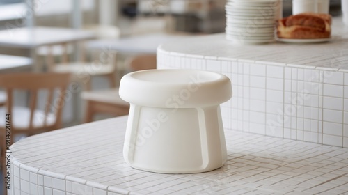 A minimalist white ceramic stool with clean lines, placed on a tiled surface