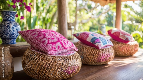 Woven rattan poufs with plush patterned outdoor cushions on a wooden deck amidst tropical greenery