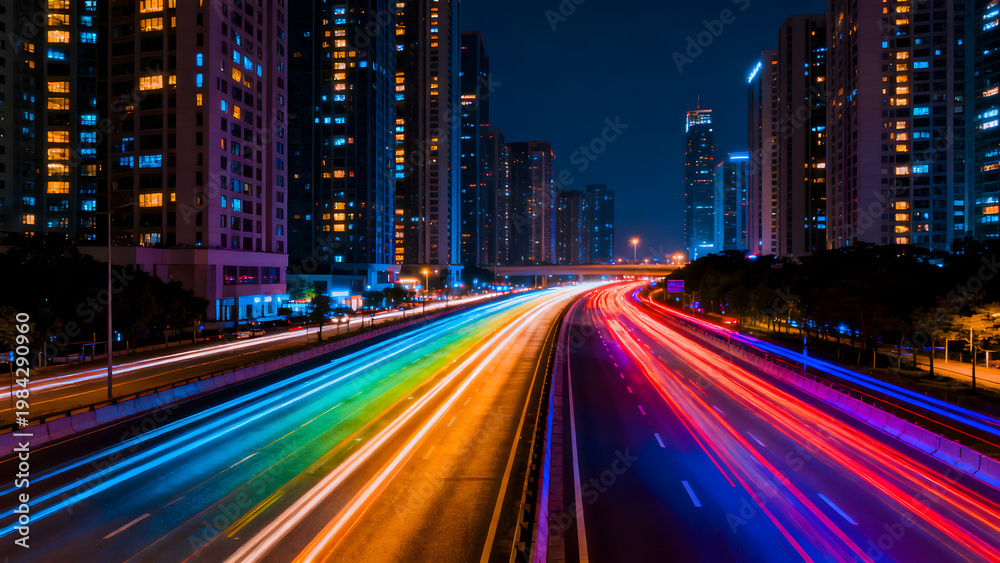 Fototapeta premium The highway car rainbow light trails of modern city buildings 