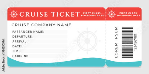 Cruise ticket template with blank information fields, barcode and text . Vector template for cruise travel