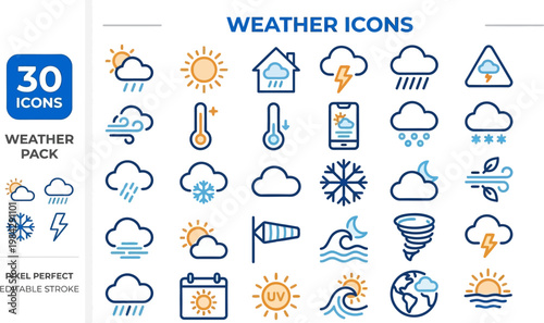 Daily weather forecast meteorology climate color outline vector icons