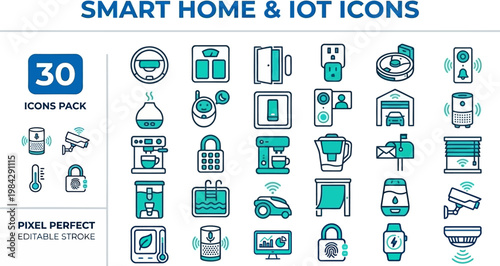 Smart home IoT automation device control line vector icons