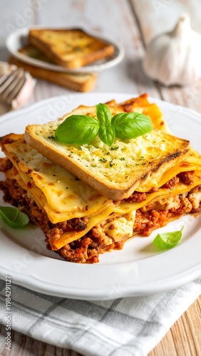 Layered lasagna with garlic bread, basil garnish, served on a white plate, checkered towel, garlic, and more bread