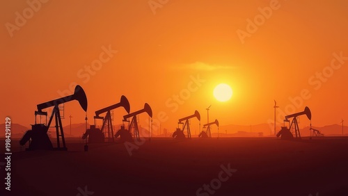 silhouette oil pumpjacks at sunset desert field energy crisis and crude price rise concept