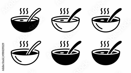 Soup Bowl Icon Set Hot Soup with Steam and Spoon Outline and Solid Styles