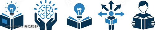 Minimalist blue icon set of knowledge and innovation with brain hands book lightbulb and directional arrows in horizontal layout