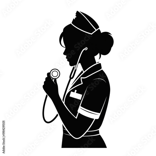 Nurse silhouette with stethoscope vector, professional female medical worker icon for healthcare and medicine