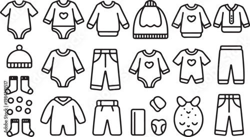 Infant apparel collection with bodysuits socks hats and toys icons