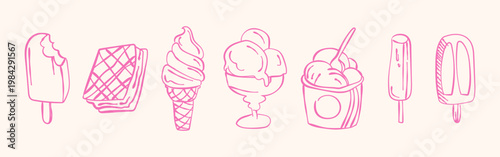 Ice cream icons doodle set with hand drawn line art desserts including cones popsicles and frozen treats in minimal style suitable for stickers menus branding and packaging.Vector illustration