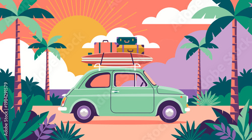 Vintage green car with suitcases and surfboard on roof rack driving through tropical beach landscape with palm trees and sun, concept for summer vacation, travel agency and road trip ads