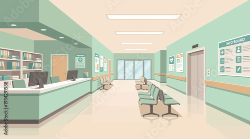 Modern hospital reception area with desk computers and seating in medical clinic hallway interior, concept for healthcare facility design, medical center marketing and professional clinic services