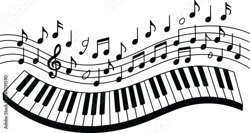 Minimalist black and white illustration of piano keyboard with flowing musical notes rising upward in dynamic curved composition