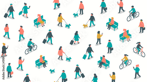 Isometric illustration of diverse businesspeople, commuters and executives walking with suitcases and working on laptops, concept for urban mobility, workforce diversity and smart city life