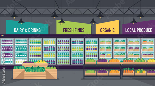 Modern supermarket interior with colorful shelves of dairy drinks and fresh organic produce in crates, concept for grocery retail marketing, healthy lifestyle and food store illustration