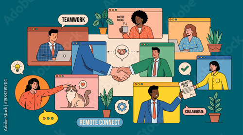 Professional business executives and project managers collaborating via remote video call browser windows with digital handshake, concept for virtual networking, remote work and partnership