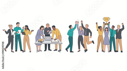 Diverse group of corporate managers and executive assistants collaborating and celebrating with trophy, concept for business achievement, startup teamwork and project success