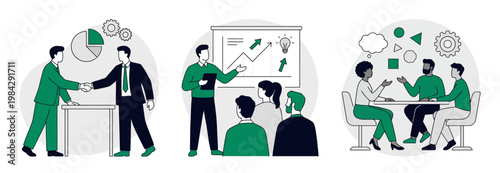 Professional executives shaking hands, project manager giving presentation and creative team collaborating on office project, concept for corporate partnership, business growth and team brainstorming