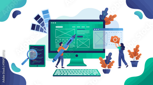Male UI designer and female web developer building website interface wireframe on desktop computer and tablet, concept for digital agency service, user experience design and software development