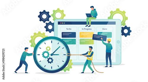 Project manager and software developer managing agile kanban task board with clock and gears, concept for project management, workflow productivity and professional time optimization