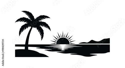 Bild auf Leinwand A striking black and white illustration depicts a tropical beach scene at sunset
