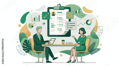 Professional hiring manager reviewing digital CV with female job applicant at a desk surrounded by recruitment icons and data charts, concept for talent acquisition, career growth and hiring