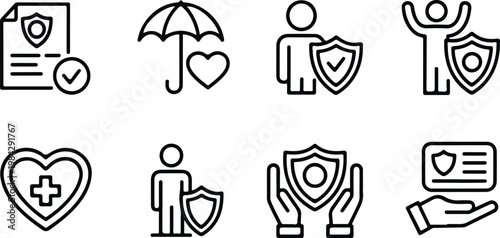 Minimalist black and white healthcare protection icon set with eight safety symbols arranged in clean 2x4 grid composition