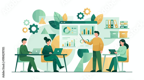 Professional manager presenting data analysis to office executives and financial analysts in a workspace, concept for corporate business strategy, financial growth and data visualization