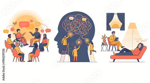 Flat vector illustration of psychologists and office consultants providing mental health support to professional workers, concept for business wellness, clinic and corporate insurance