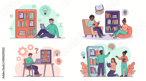 Researchers and corporate analysts using tablets to access digital libraries and online resources, concept for e-learning platform, virtual library services and professional development