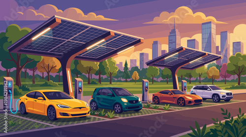 Modern electric vehicles charging at outdoor station with solar panel roof canopy against city skyline at sunset, concept for sustainable transportation, green energy and urban infrastructure