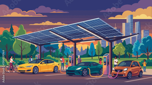 Electric cars charging at solar stations with business managers and tech workers in a green city park, concept for green mobility, renewable energy and sustainable urban development