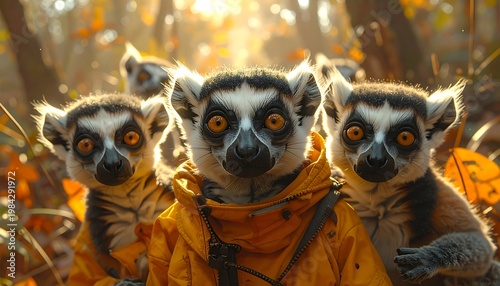 Three lemurs wearing yellow jackets in a forest
