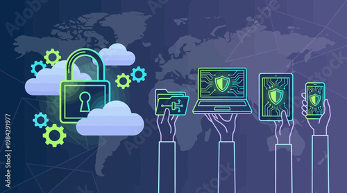 Professional office worker hands holding digital devices with shields and padlock on a world map background, concept for cybersecurity awareness, data protection and cloud network safety