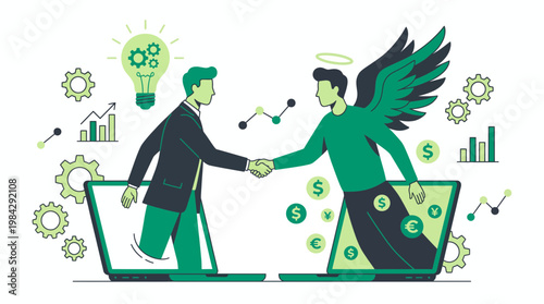Entrepreneur shaking hands with an angel investor emerging from laptops with financial graphs and lightbulb icon, concept for venture capital funding, startup investment and digital partnership