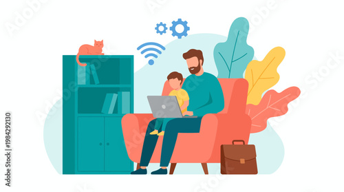 Professional marketing manager with his son on lap working on laptop at home living room with bookshelves and pet cat, concept for remote work balance, freelance career and parental bonding