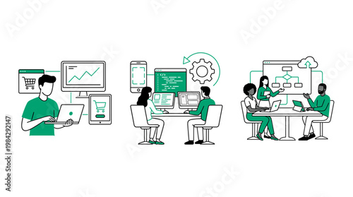 Professional software developers and business analysts collaborating on digital data analysis with workflow systems, concept for software engineering, project management and digital growth
