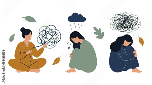 Female corporate employees and managers struggling with burnout, anxiety and depression, concept for workplace mental health awareness, professional counseling and employee wellness programs
