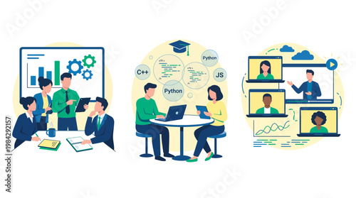 Project manager, data analyst and software engineers working together in various professional environments, concept for business growth, career education and digital collaboration