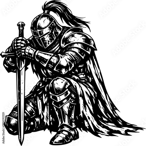 Vintage graphic illustration of a medieval woman knight with sword and shield in an ancient Greek dress sketch