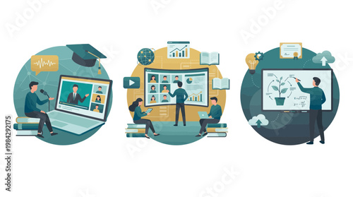 Professional lecturers and corporate trainers conducting digital education sessions with interactive screens, concept for elearning platform, virtual workshop and online webinar training