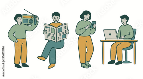 Professional marketing manager and business executive accessing information via radio, newspaper, mobile phone and laptop, concept for media evolution, corporate news and digital marketing