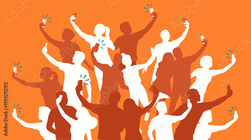 Silhouettes of marketing directors and social media managers holding smartphones on orange background, concept for digital branding, mobile marketing and viral networking