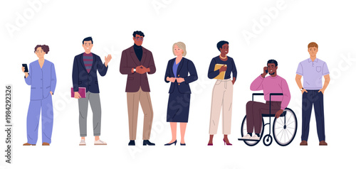 Business Team Collection. Vector cartoon illustration of a group of diverse people in business outfits standing together. Isolated on a transparent background.