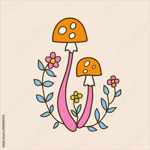 Cute colorful mushrooms vector illustration in playful line art style. Friendly forest fungi for kids. Perfect for stickers, books, posters, nursery decor.