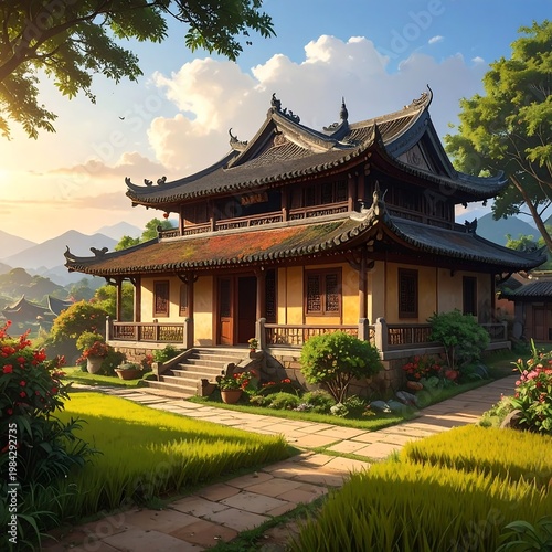 A serene Asian-style house with a lush garden and mountain backdrop