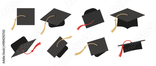 Black graduation Cap icons set in flat style. Academic mortarboard hats with tassel is in the air. Different angles, turned student cap for education design, graduate ceremony. Vector illustration.