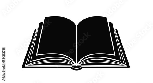 An open book illustration with black pages and simple white lines