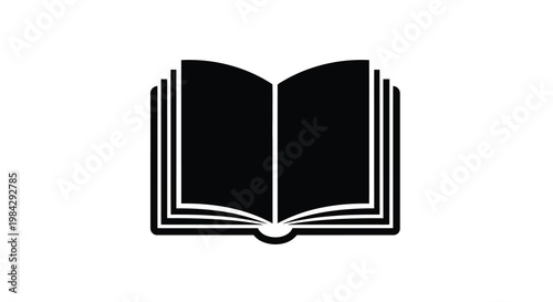 A simple black silhouette of an open book on a white background