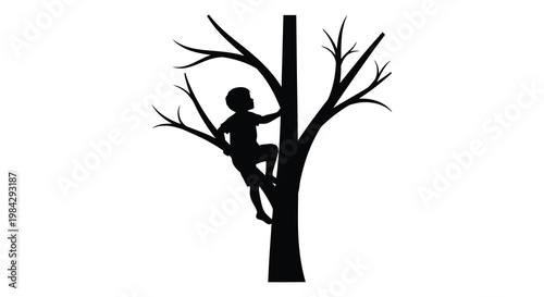 Silhouette of a child climbing a bare tree against a white background